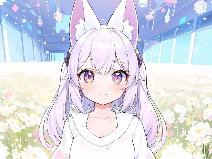 Anime girl with long hair and white shirt standing in a flower field, anime girl with cat ears, cute anime catgirl, Girl with cat ears, anime catgirl, beautiful anime catgirl, Anime moe art style, White Cat Girl, Girl with fox ears, White fox ears, Holo is...