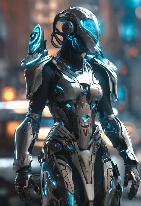 solo, super fine photo, full body realistic picture Unreal Engine 5 8K UHD, female, white and dark grey color scheme armor, details, cyan tattoo details, see-through dress and pauldron, full face helmet, four blue energy tentacle, best quality, masterpiece...