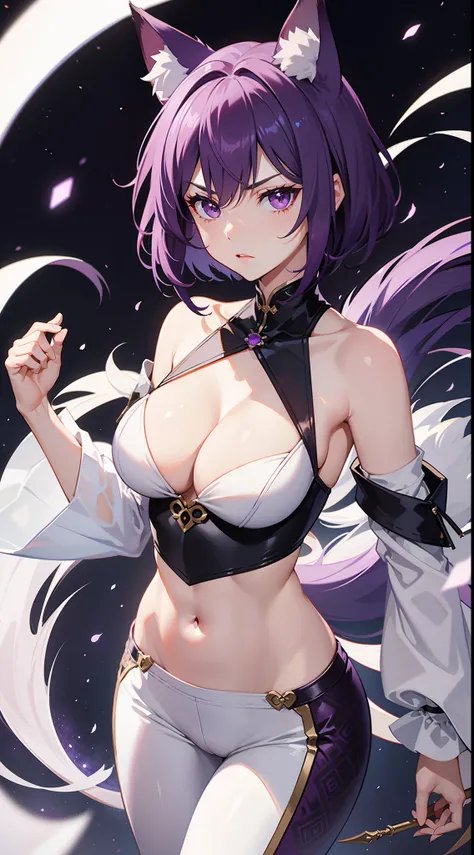 Adult woman, short purple hair with white strands, Fox ears, violet eyes, Chinese Battle Dress, neckline on the chest, open belly, tight pants, Fox tails, angry, Masterpiece, hiquality