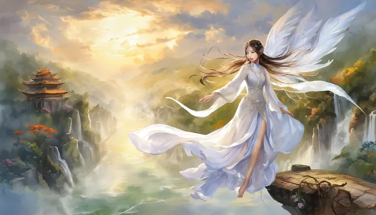 a white dress Chinese fairy girl flying in the sky over a bridge, Flowers and running water, The divine realm of the gods, Paradise in the Mist!!!!!!!!, Divine light, super detailing, esoteric equation heaven, Breathtaking, breathtaking art, Everything tha...