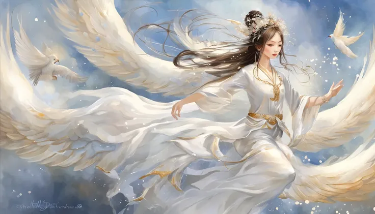 a white dress Chinese fairy girl flying in the sky over a bridge, Flowers and running water, The divine realm of the gods, Paradise in the Mist!!!!!!!!, Divine light, super detailing, esoteric equation heaven, Breathtaking, breathtaking art, Everything tha...