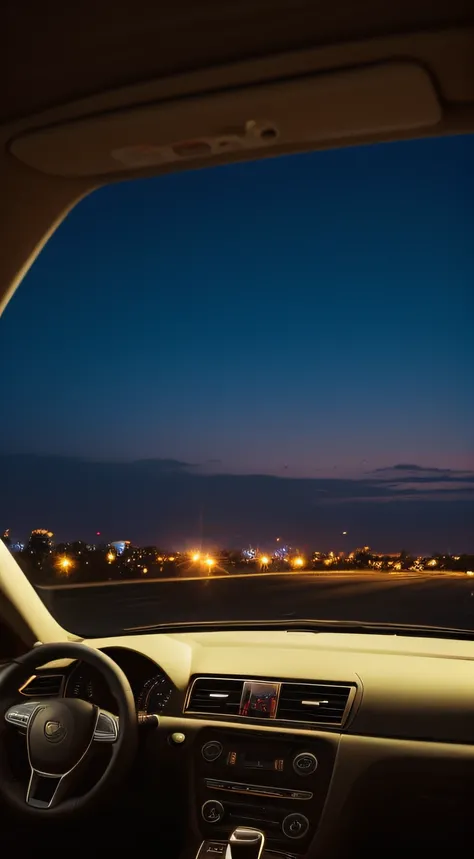 evening light，Look out from afar in the car，The picture is realistic，plethora of colors，Gorgeous and colorful，Shoot at night，positive，Urban style，hdr shot，Inside the car，Look inside the car，Sunset directly ahead，Faraway view，Blurred foreground，Ultra-clear ...