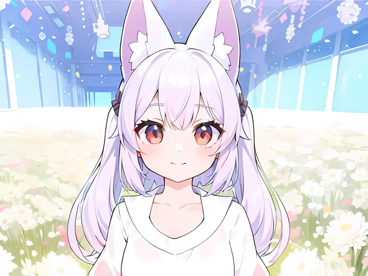 Anime girl with long hair and white shirt standing in a flower field, anime girl with cat ears, cute anime catgirl, Girl with cat ears, anime catgirl, beautiful anime catgirl, Anime moe art style, White Cat Girl, Girl with fox ears, White fox ears, Holo is...