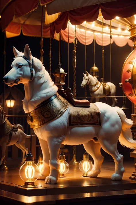 A Caravel shaped light bulb，There is a brain inside. carousel horses，corgi