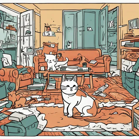 Draw a cat jumping from one piece of furniture to another, in a room full of toys strewn across the floor. Make use of dynamic lines to show the agility and grace of the cat during play