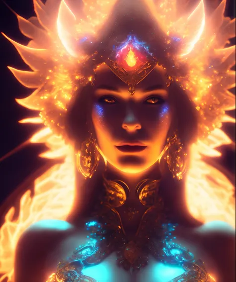 a close up of a woman with a glowing headpiece and wings, cinematic goddess close shot, epic fantasy digital art style, unreal engine render + a goddess, fantasy art behance, appears as the fire goddess, goddess of fire, extremely detailed goddess shot, de...