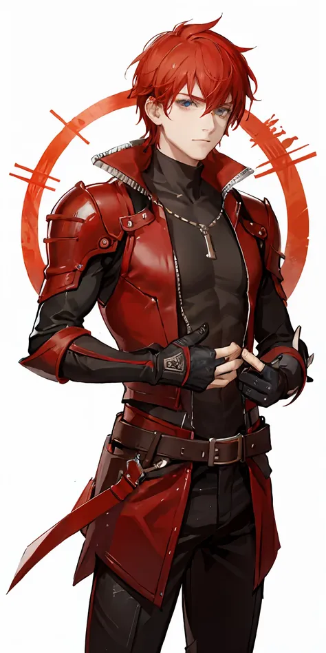 ((4k, masterpiece, best quality)), 1boy, 17 years old, he wears red leather armor and a longsword. He has hair as red as fire and eyes as blue as the sky.