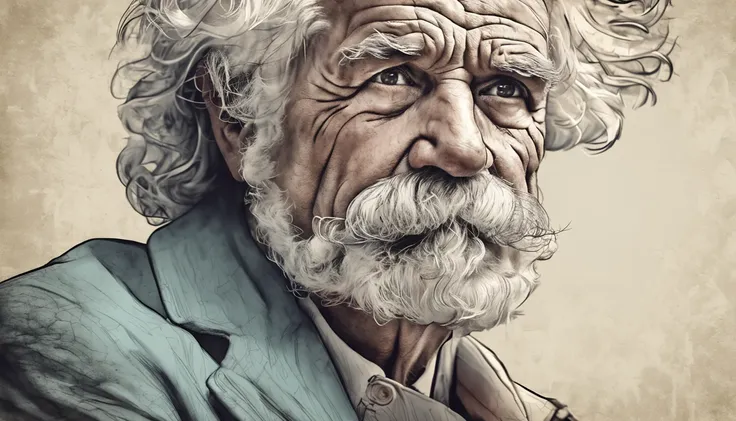 /imagine prompt: Um retrato emocionante de Mark Twain emoldurado, a luz suave ilumina o seu rosto enrugado, Every detail of his white beard and piercing eyes is highlighted, transmitindo sabedoria e humor, Pencil illustration style, meticulous strokes and ...