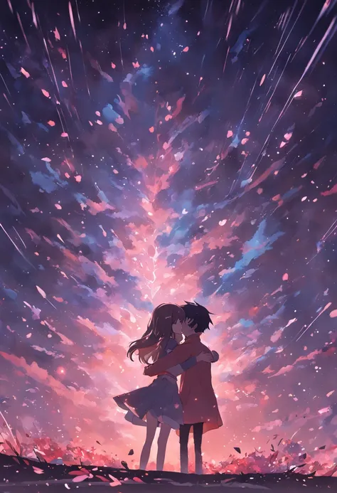 dream colors,tmasterpiece,the detail,starryskybackground,Clouds,Light and shadow effects，film effect,Rich in color，（（A couple）），Embrace each other，（（（（In kissing）））），Petals rained down，Full moon night，Blooming with flowers，blurryforeground，Depth of field e...