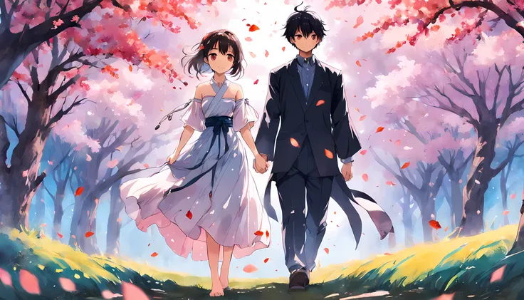 Works of masters，Best image quality，(Photorealsitic:1.3)，16K resolution，(Couple holding hands under cherry blossom trees:1.5)，(((prefect face))), ((Exquisite facial features))，((ink)),(aquarelle),bloom effect,detailed beautiful grassland with petals,flower...