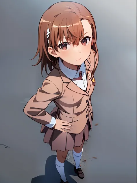 misaka_mikoto,seen from above,close up head, full body,girl standing, looking up,