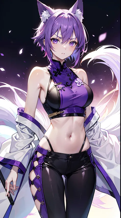 Adult woman, short purple hair with white strands, Fox ears, violet eyes, Chinese Battle Dress, neckline on the chest, open belly, tight pants, Fox tails, angry, Masterpiece, hiquality