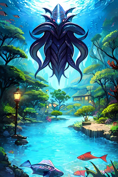 Cthulhu,monster,fish,tentaculata，Dark Forest，reef，Stream