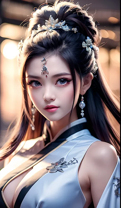 top-quality、tmasterpiece、A high resolution、Wuxi 1girl、Silver cheongsam、((Super beautiful face))、Super beautiful eyes、Super beautiful hair、nedium breasts、Naked of breast、Sexy cleavage、very detailed breasts、