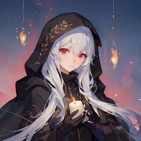 Girl, black robe, hood, cape, red eyes, long white hair, calm expression, faint smile, anime, hand holding candle