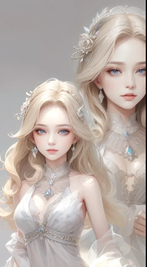 tmasterpiece，Highest high resolution，Dynamic bust of beautiful royal lady，Long blonde hairstyle，Gray clear eyes，The hair is covered with beautiful and delicate floral craftsmanship, Crystal jewelry filigree，Ultra-detailed details，upscaled。