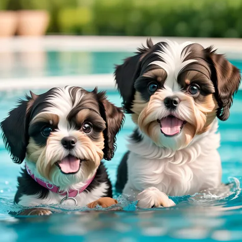 hyper Quality,Cute two Shih Tzu puppies,different body colors,swimming in the pool,smile,black eyes,barking,narrow eyes,smile,eos r3 28mm