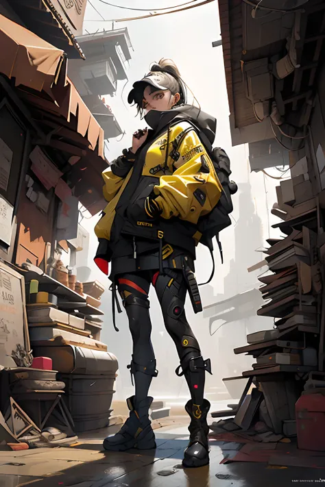 a woman in a yellow outfit and black boots stands in front of a city, cyberpunk art by Kim Hong-do, cgsociety, retrofuturism, cgsociety 9, full body cgsociety, worksafe.cgsociety