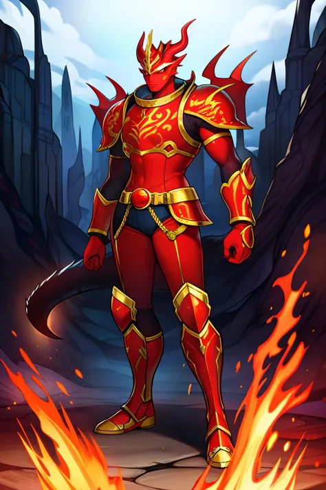 Masterpiece, Best quality, Flame Dragon, Red eyes, Solo, multicolored body, White body, Blue body, Red mask, Red shirt horn, Cave, Leg straps, arm belt, Claws, Red-legged armor, standing, Large gloves,