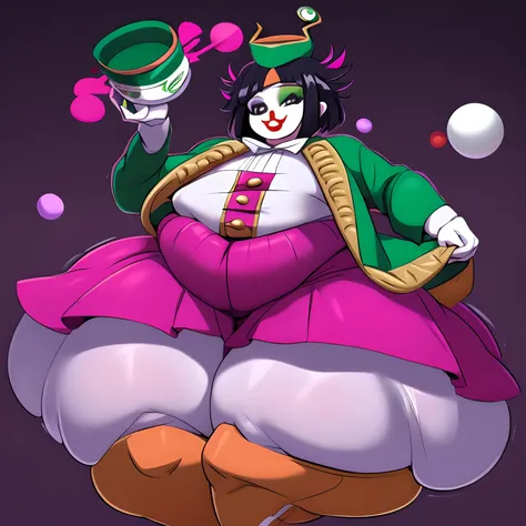 Cute , Handsome clown ((man)) with gray eyes, pink and black hair, Lila Vanrouge as a Clown, Black  and Green Jester hat, Massive thighs, Huge ass, High Aesthetic, masterpiece, High quality ,solo,((clown))，clowncore, Anime,hentaiclown, ((clown Makeup))