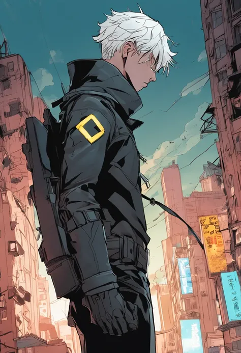 a 15-year-old man with light blue hair and black eyes, wears a black superhero outfit similar to a spy uniform with a tattered yellow cape, an aura of shadows appears behind him, his back on top of a building and is watching a city in ruins, anime, novel c...