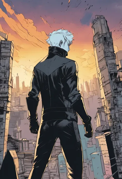 a 15-year-old man with light blue hair and black eyes, wears a black superhero outfit similar to a spy uniform with a tattered yellow cape, an aura of shadows appears behind him, his back on top of a building and is watching a city in ruins, anime, novel c...