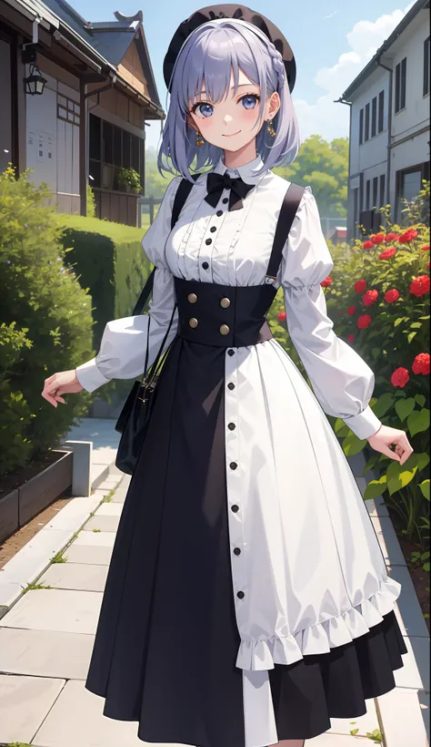 1girl in、A smile、A delightful!　The shirt、skirt by the、（small tits）pinafore、doress、hair adornments、（Maids）、