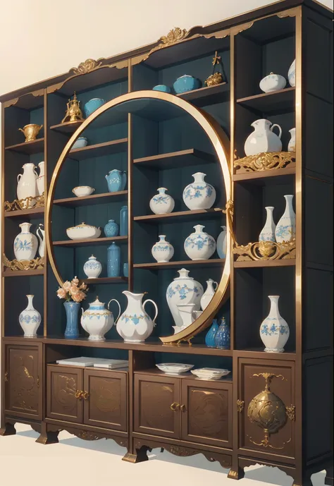 There is a large wooden cabinet，There is a mirror on it, rendered in 3 dsmax, raytraced 3d set design, Rendered in V-Ray, Render in Vray, vray rendered, highly detailed render, very detailed render, high poly vray render, rendering in Unreal Engine 6, in s...