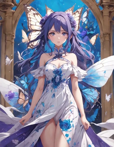 (Golden Ratio: 1.2), (Rose Graffiti: 1.2), (Fault Color: 1.3), [（white backgrounid：1.5）：：5], (Full Body: 1.2), ((Masterpiece, Highest quality)), Detailed face, Full of details, full body, a woman in a long blue and white dress mixed with purple color, Full...