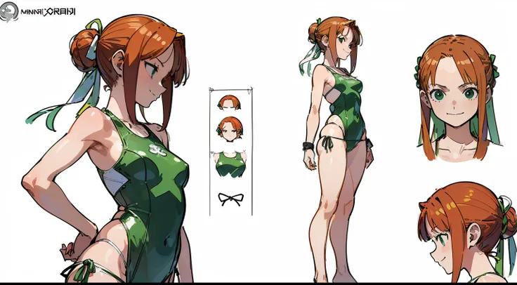 ((Best Quality)), ((Masterpiece)), ((Realistic)) 19 year old, redhead girl, shoulder length hair ((hair ribbon)) ((big happy smile )) ((( light green one piece swimsuit ))) (((mini skirt))) ((slender)) (busty) ((sexy )) (((white thong))) bun hairstyle, (((...