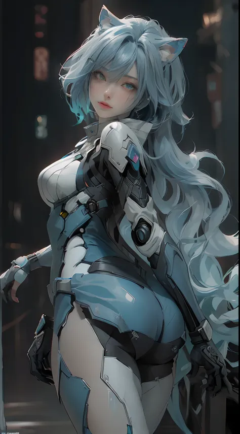 ((Best Quality)), ((Masterpiece)), (Detail: 1.4), 3D,posing from behind A Beautiful Cyberpunk Female Figure, Blue Hair, Mercenary Armor, Cat Ears, HDR (High Dynamic Range), Ray Tracing, NVIDIA RTX, Super-Resolution, Unreal 5, Subsurface Scattering, PBR Tex...