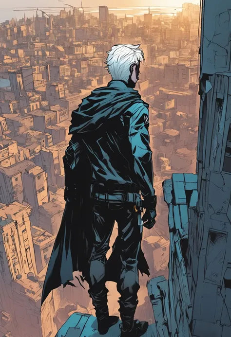 a 15-year-old man with light blue hair and black eyes, wears a black superhero outfit similar to a spy uniform with a tattered yellow cape, an aura of shadows appears behind him, his back on top of a building and is watching a city in ruins, anime, novel c...