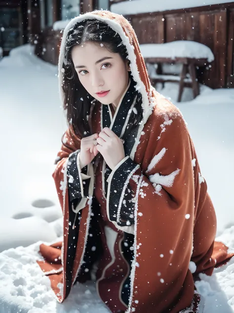 Kizi，Old European-style street，ladder，Squat and sit，Bare legs，((outside，Actual heavy snowfall，cloaks，Cover with snow，Lolita costume,Large breasts， Horizontal viewing angle)), (full bodyesbian:1.5), fission,  (8K, ........primitive, professional, best qualt...