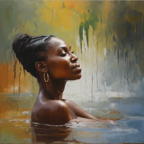 realistic photography, group of beautiful young ((Black Brazilian)) women bathing in the river, without clothes, detailed black skin, happy and smiling expressions, total nudity, rain falling, ((dark brown eyes)), ((perfect face)),Jokes, perfect anatomy, b...