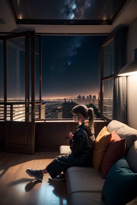 Girl watching TV on sofa，Boys busy in the kitchen，On the side are large floor-to-ceiling windows，The exterior is the night sky，Large balcony with plants，down view，planar