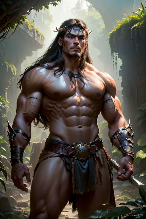 ((best quality)), ((masterpiece)), (detailed), Conan the Barbarian stands imposing in an ancient lost city. Chiseled perfect body, insanely handsome and masculine face. Sunlight highlights his muscles and scars. The scenery is lush and mysterious, with rui...