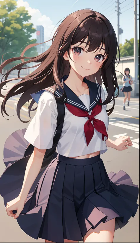 1girl in、A smile、The shirt、skirt by the、（small tits）Chilarism、Japan High School Student Uniform、serafuku、summer clothing、（Sheer Bra）、Upper body portrait、Dynamism!!Running with the wind、