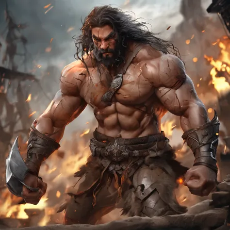 (professional 3d render:1.3) af (Realistic:1.3) most beautiful artwork photo in the world，Features soft and shiny male heroes, ((Epic hero fantasy muscle man rough wet hero angry looking long hair short beard and ferocious expression in dynamic pose, Fanta...