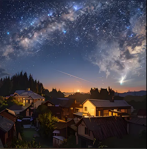 There are shooting stars in the starry sky over the hamlet, starrysky, astronault, Milkyway Sky, night sky photography, galaxy in the sky, the sky has the milky way, an amazing photo, The sky is what illuminates everything, Twilight Hour, milky ways, near ...