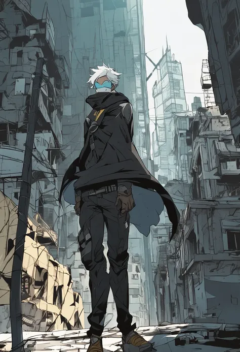 a 15-year-old man with light blue hair and black eyes, wears a black superhero outfit similar to a spy uniform with a tattered yellow cape, an aura of shadows appears behind him, his back on top of a building and is watching a city in ruins, anime, novel c...