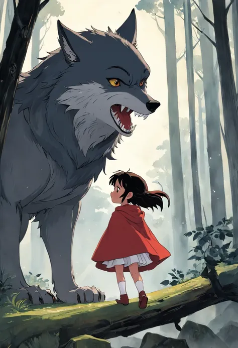 Uma menina em uma capa vermelha, Chapeuzinho Vermelho, Um grande lobo mau, Chapeuzinho Vermelho, classic childrens illustration, Chapeuzinho Vermelho, Grande Lobo Mau Grande, Chapeuzinho Vermelho, The wolf threatens the girl, , story book illustration, Ric...