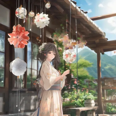 （Wind chimes hanging by the window in summer:1.2)、Wind chimes made of round glass containers with beautiful and delicate floral patterns when the wind blows, The band at the end of the string attached to the bell shakes and makes a cool sound.................