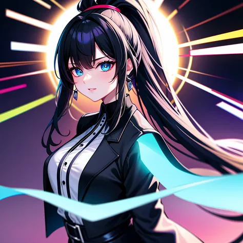 hugefilesizebestquality,highlydetailed,masterpiece,ultra-detailed,extremelydetailedCGunity8kwallpaper,Solo, upper body only, one girl,fashi-girl, long hair, ponytail, black hair, black suspender, gray coat, black collar, metal jewelry, ring earrings, blue ...