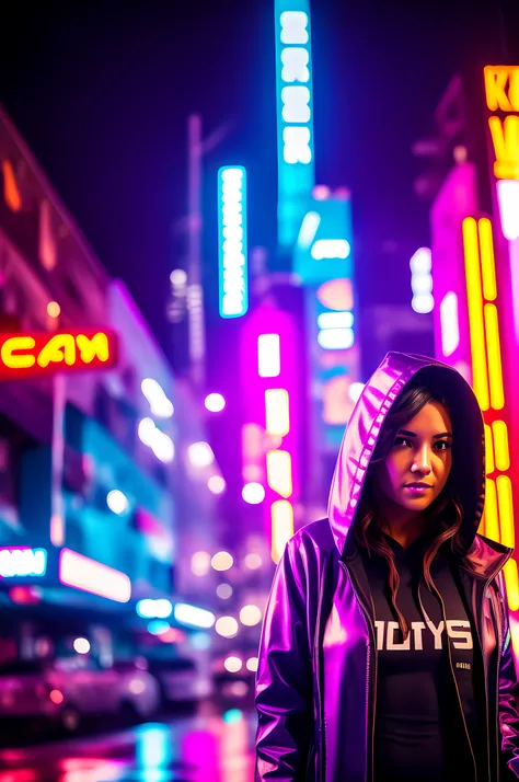 "Woman in a cyberpunk hoodie suit in a city full of neon lights, rodeado de letras. Image must be in 8k resolution, mostrando el cuerpo completo de la mujer desde una vista trasera. Capture the rainy atmosphere with a SONY Alpha A2 camera, garantizando una...