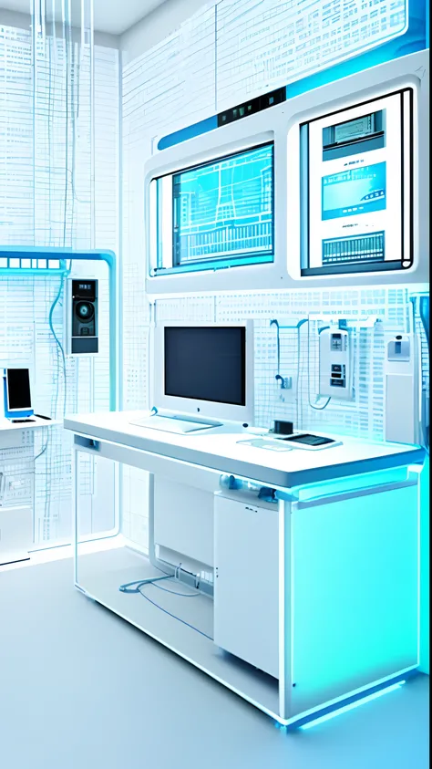 There is a studio with wires and sinks, digital medical equipment, efficiently, Advanced technology, digital screens on the walls, photo taken in 2018, Technology, in the background, photograph of 3d ios room, holographic interface, Realphotos, still image...