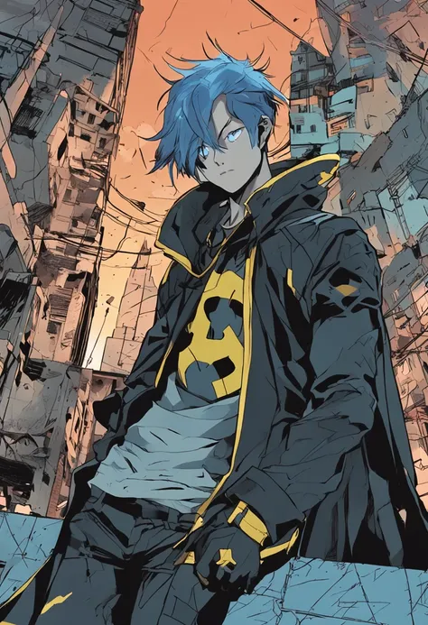 a 15-year-old man with blue hair and black eyes, wears a black superhero outfit similar to a spy uniform with a tattered yellow cape, an aura of shadows appears behind him, his back on top of a building and is watching a city in ruins, anime, novel cover