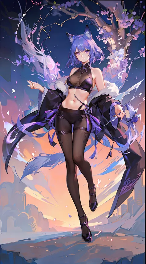 Adult woman, short purple hair with white strands, Fox ears, violet eyes, Chinese Battle Dress, neckline on the chest, open belly, tight pants, Fox tails, angry, Masterpiece, hiquality