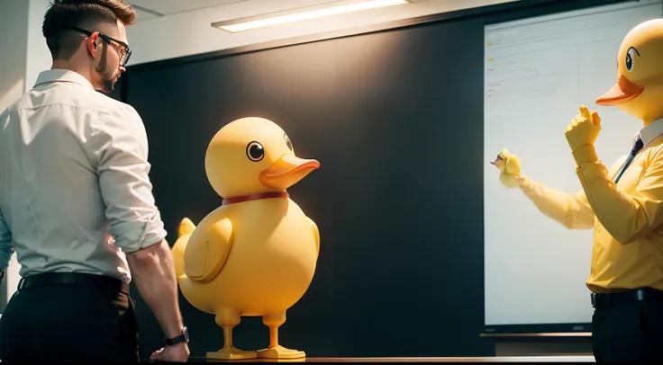 In a brightly lit corporate environment, a yellow rubber duck, attired in work-appropriate attire, stands at a meeting rooms whiteboard, actively explaining its ideas to fellow team members.