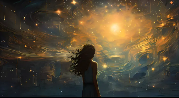 Painting a woman standing in front of a picture of a star, girl looks at the space, looking out into the cosmos, Inspired by Cyril Rolando, rob rey, author：Cyril Rolando, in the style of Cyril Rolando, dreamlike digital painting, cyril rolando and m.Kaluta...