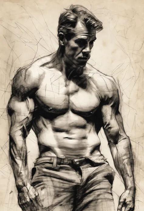 Coarse charcoal sketch on old paper, Muscular male image,Dynamic pose,Clean line art,+Expressive lines,Painting in an expressive sketch style, hatching, Black and white sketch, handpainted, Coarse charcoal sketch on old paper, Muscular male image,Dynamic p...